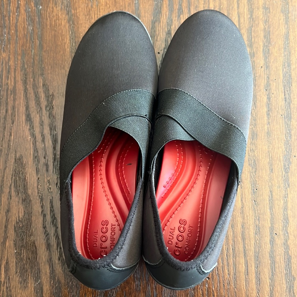 Crocs, black, dual comfort slip on.